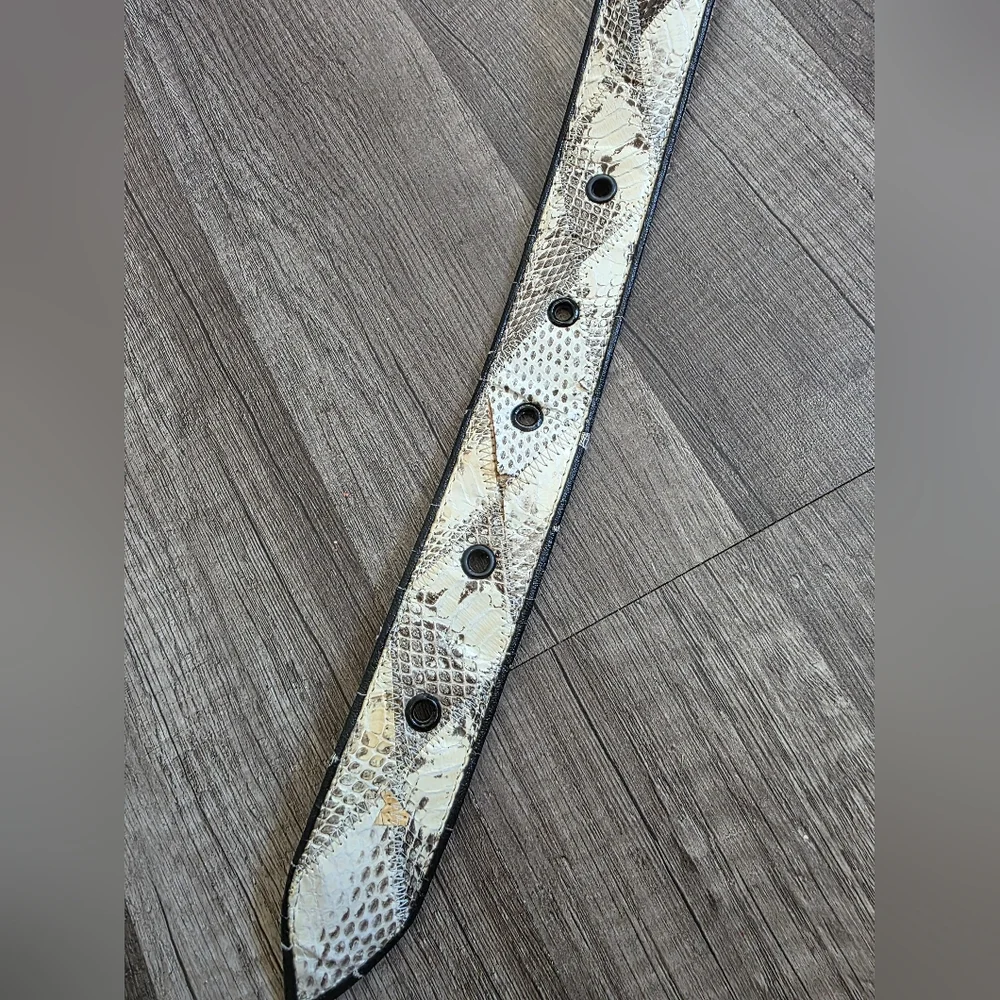Artisan White and Brown Snakeskin Leather Belt with Oval Buckle